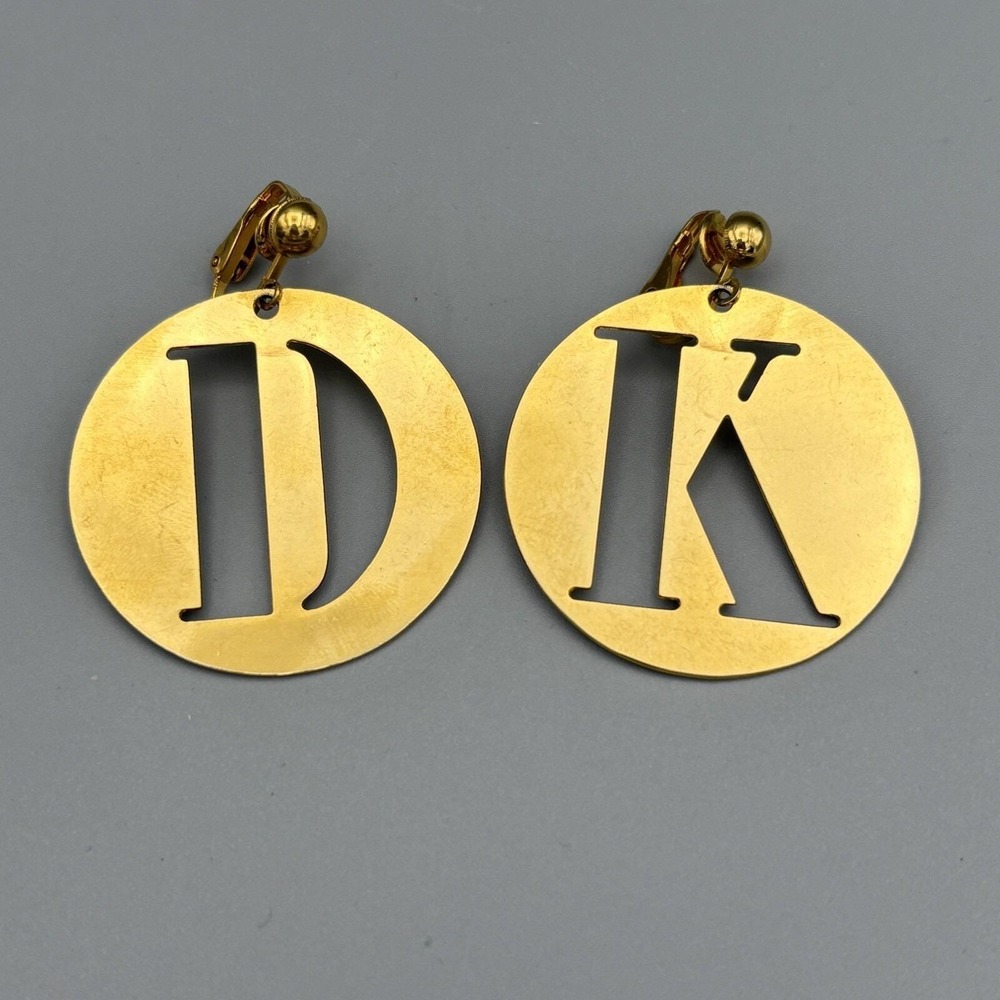 Vintage Donna Karan Statement Earrings DKNY Gold Tone Clip Ons Initials